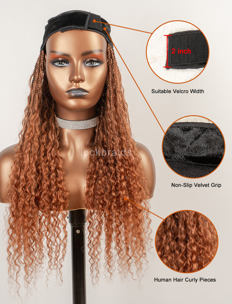 Crochet Boho Box Braids Band Wig Bohemian with Human Hair Curly Ends Braided Hair Extensions Color #30