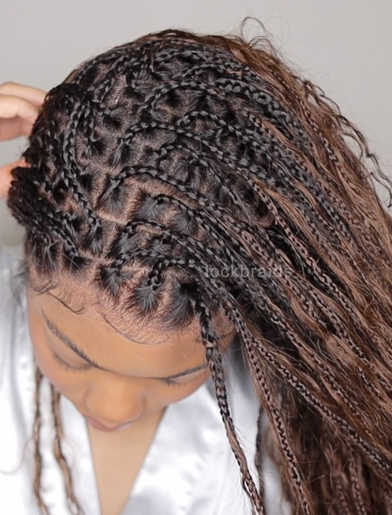 Human Hair Full Lace Braided Wig Glueless Small Boho Knotless Braids With Baby Hair Color #1BT#4