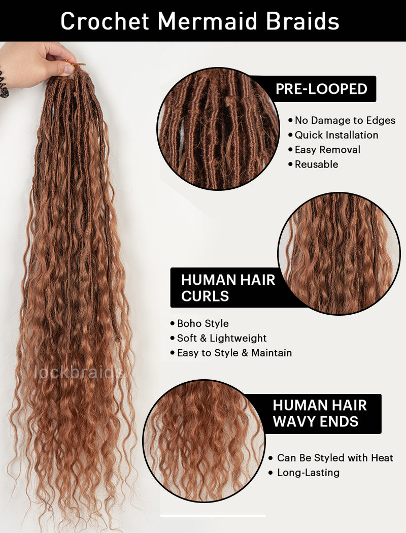 Pre-looped Crochet Boho Lock Braids With Human Hair Deep Curls Bulk Hair Extensions Color #30