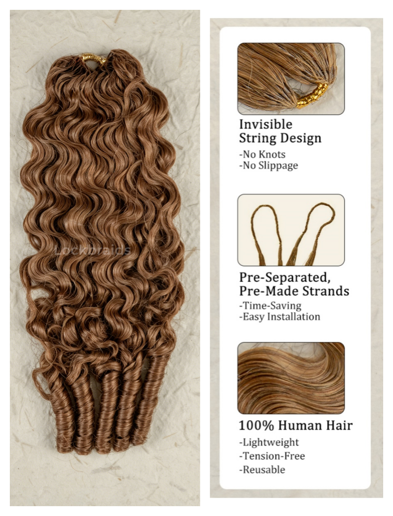 Lockbraids Knotless Pre-Separated Feather Crochet Hair Human Hair Burmese Curly Brown Color 30