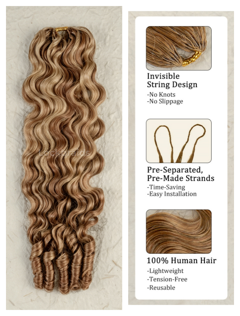 Lockbraids Knotless Pre-Separated Feather Crochet Hair Human Hair Burmese Curly Brown and Blonde Color 27/30 Mixed