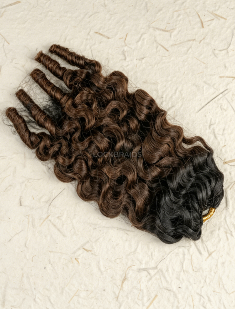 Lockbraids Knotless Pre-Separated Feather Crochet Hair Human Hair Burmese Curly Medium Brown Color T1B/4