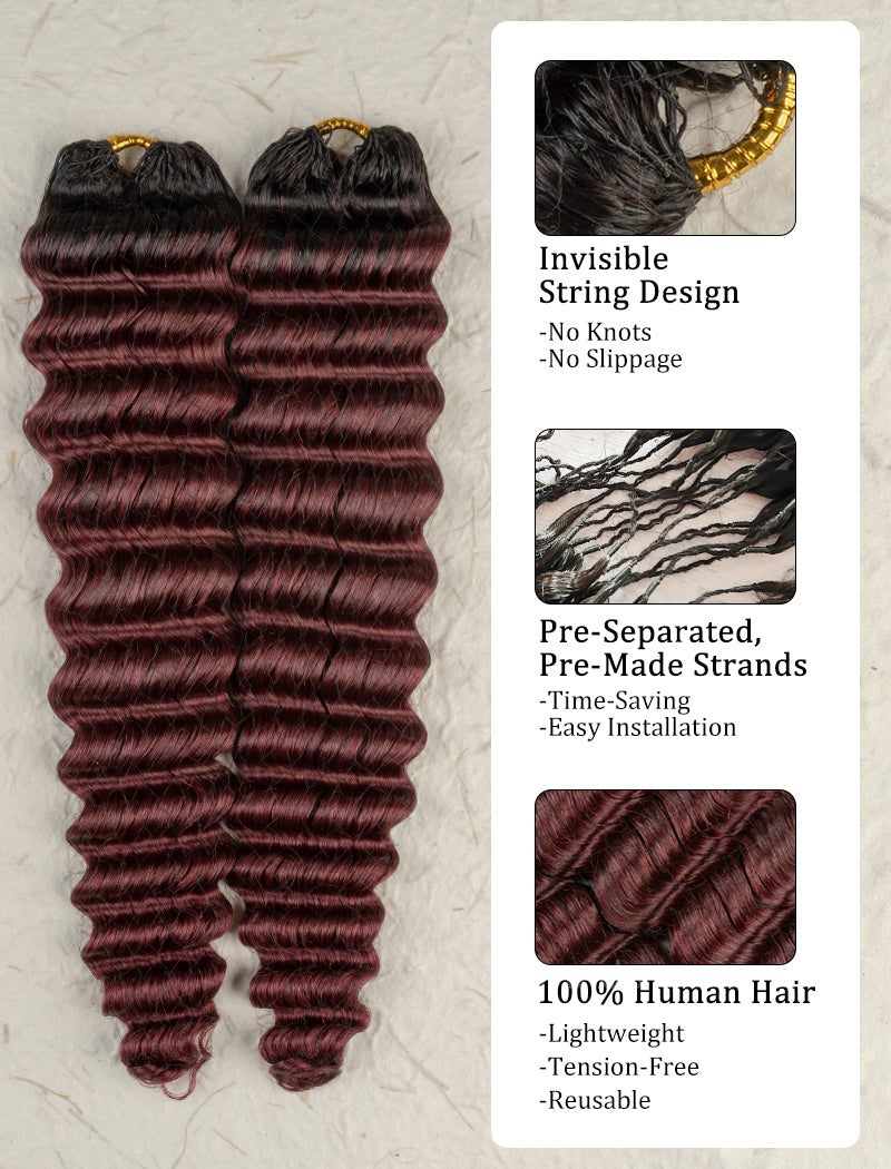 Knotless Pre-Separated Crochet Hair Human Hair Deep Wave Burgundy Ombre Color T1B/99J