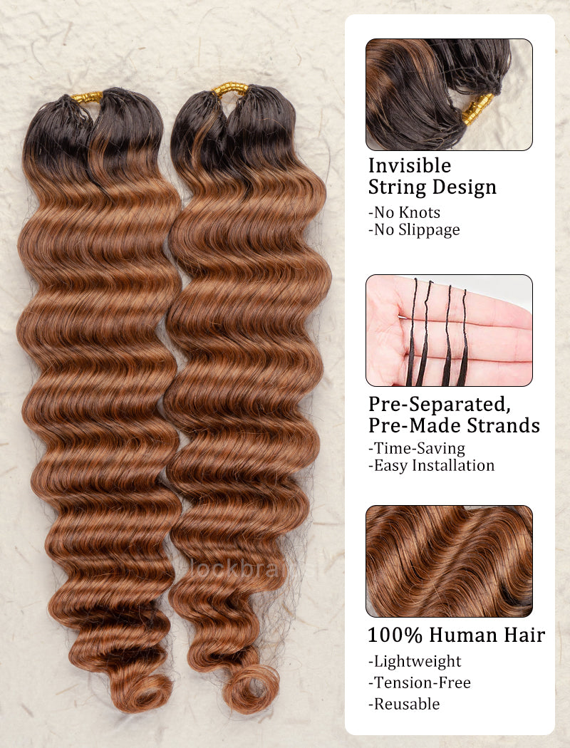 Lockbraids Knotless Pre-Separated Feather Crochet Hair Human Hair Deep Wave Light Brown Color T1B/30 CH018