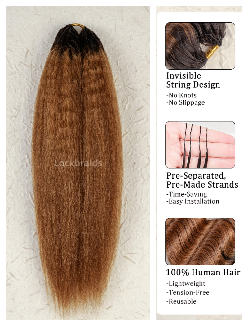 Lockbraids Knotless Pre-Separated Feather Crochet Hair Human Hair Kinky Straight Ombre Light Brown Color T1B/30