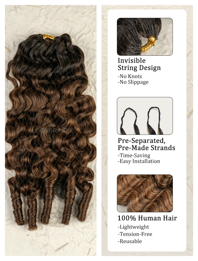 Lockbraids Knotless Pre-Separated Feather Crochet Hair Human Hair Burmese Curly Medium Brown Color T1B/4