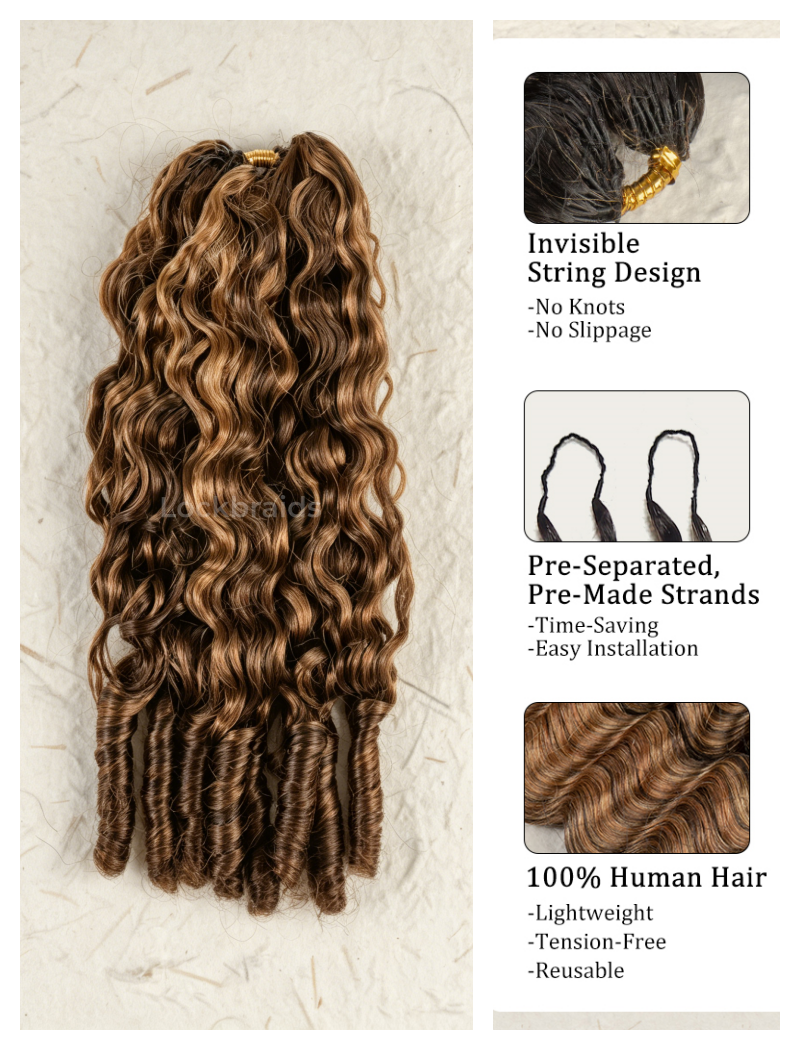 Lockbraids Knotless Pre-Separated Feather Crochet Hair Human Hair Burmese Curly Brown Color 4/30 Mixed