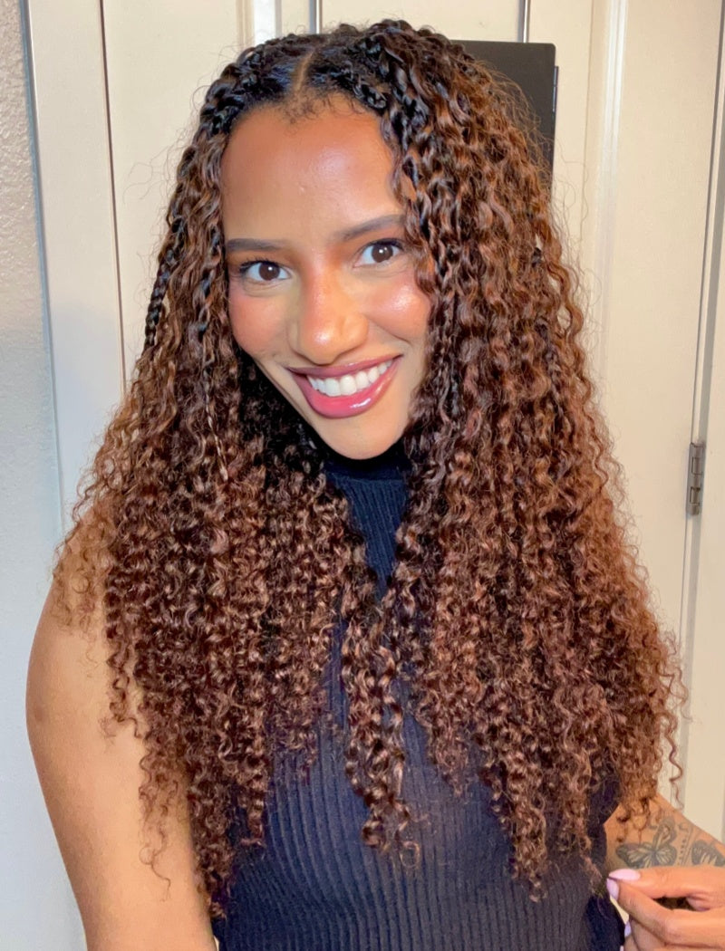 Lockbraids Knotless Pre-Separated Feather Crochet Hair Human Hair Burmese Curly Medium Brown Color T1B/4