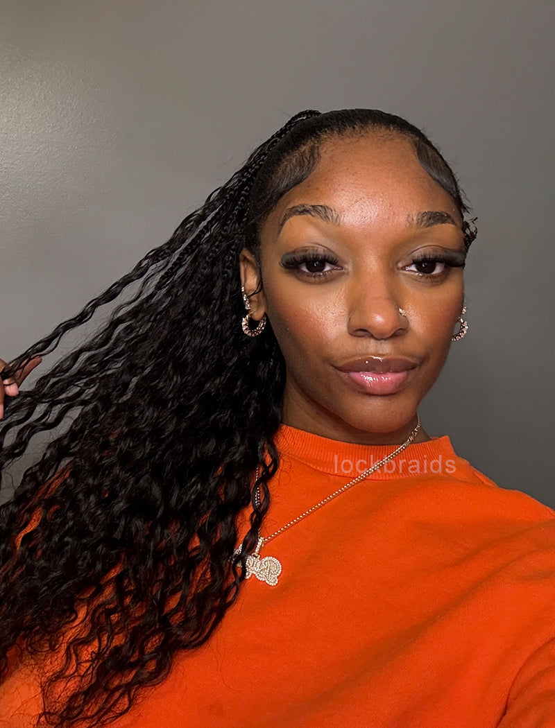 Boho Box Braids With Human Hair Deep Curls Magic Ponytail Hair Extensions Natural Black