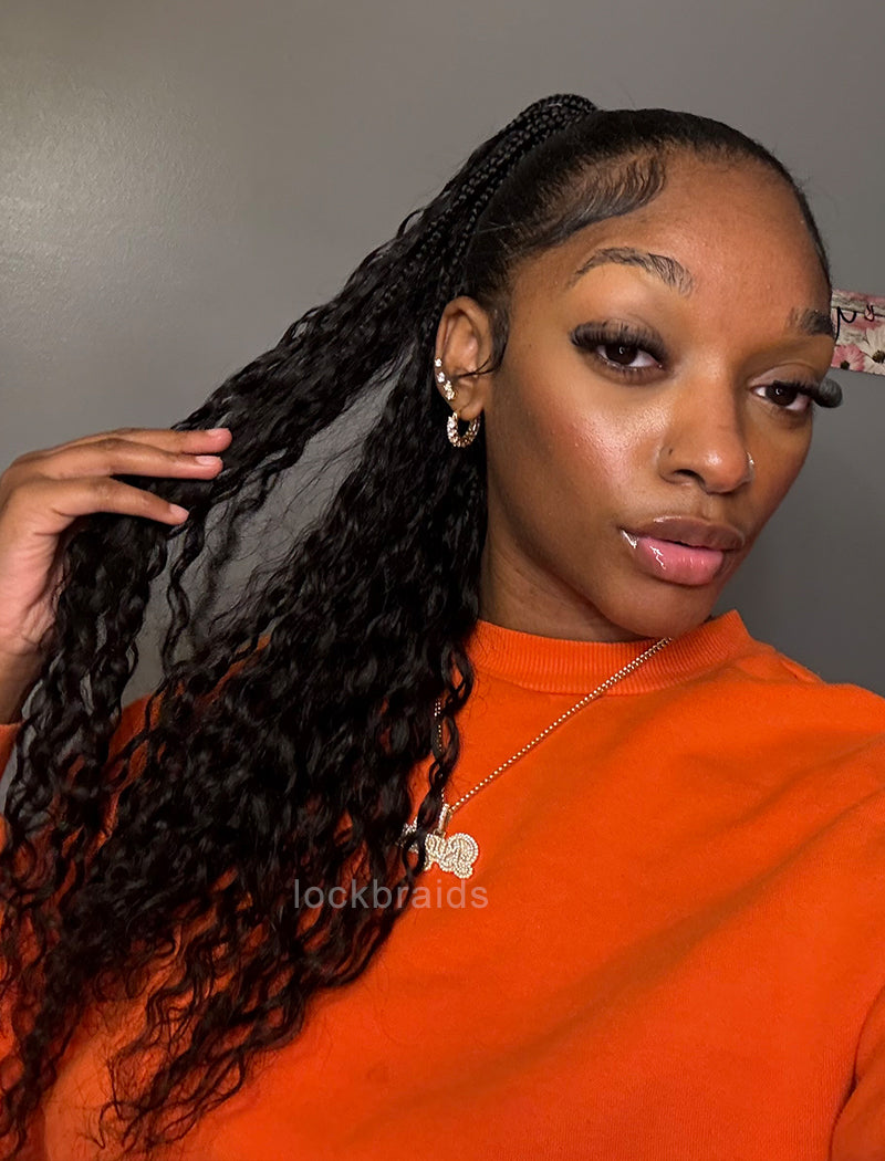 Boho Box Braids With Human Hair Deep Curls Magic Ponytail Hair Extensions Natural Black