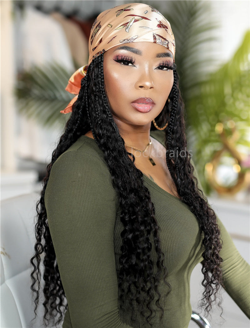 Crochet Boho Box Braids Band Wig Bohemian with Human Hair Curly Ends Braided Hair Extensions Natural Black