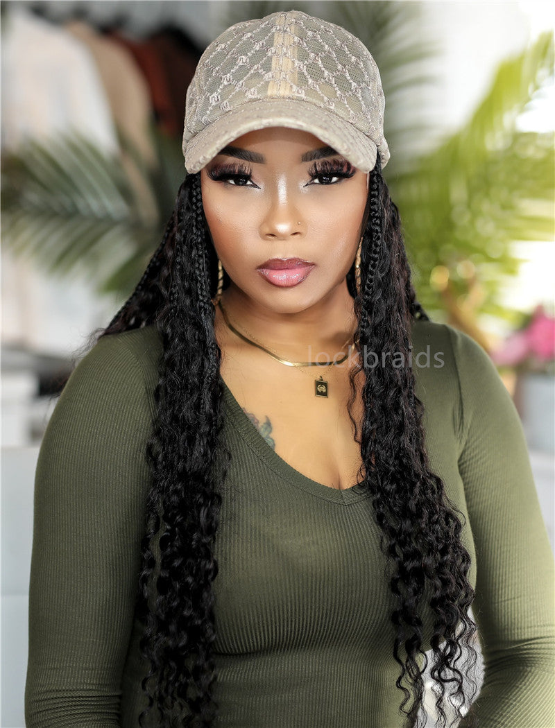 Crochet Boho Box Braids Band Wig Bohemian with Human Hair Curly Ends Braided Hair Extensions Natural Black