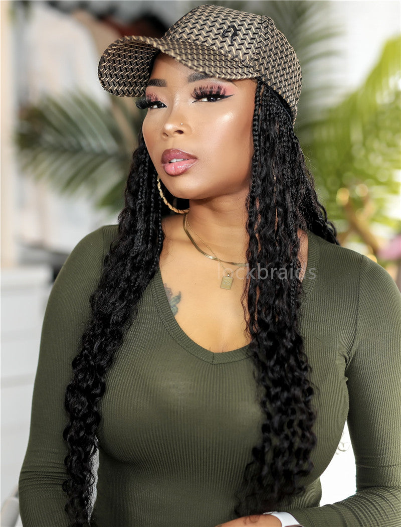 Crochet Boho Box Braids Band Wig Bohemian with Human Hair Curly Ends Braided Hair Extensions Natural Black