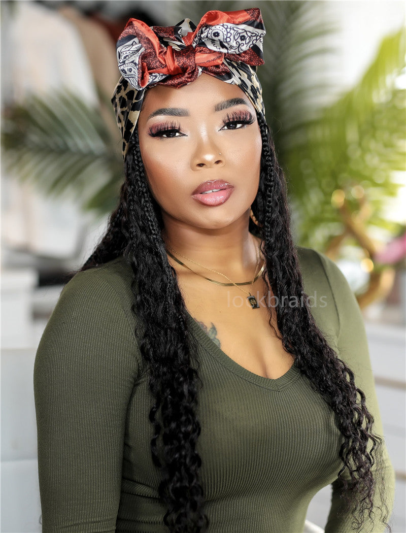 Crochet Boho Box Braids Band Wig Bohemian with Human Hair Curly Ends Braided Hair Extensions Natural Black