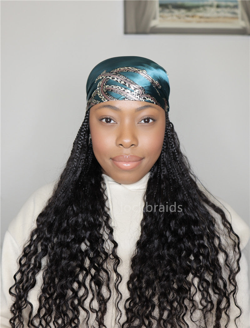 Crochet Boho Box Braids Band Wig Bohemian with Human Hair Curly Ends Braided Hair Extensions Natural Black