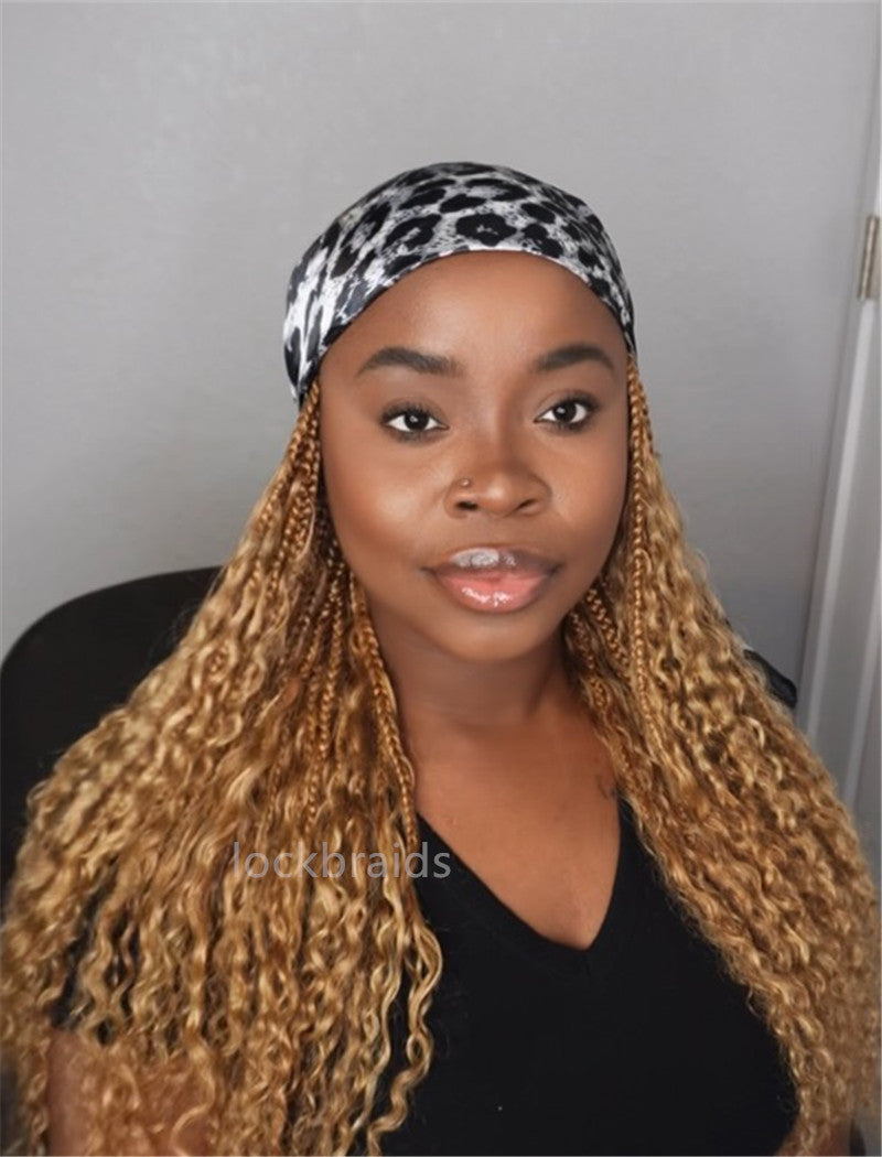 Crochet Boho Box Braids Band Wig Bohemian with Human Hair Curly Ends Braided Hair Extensions Color #27