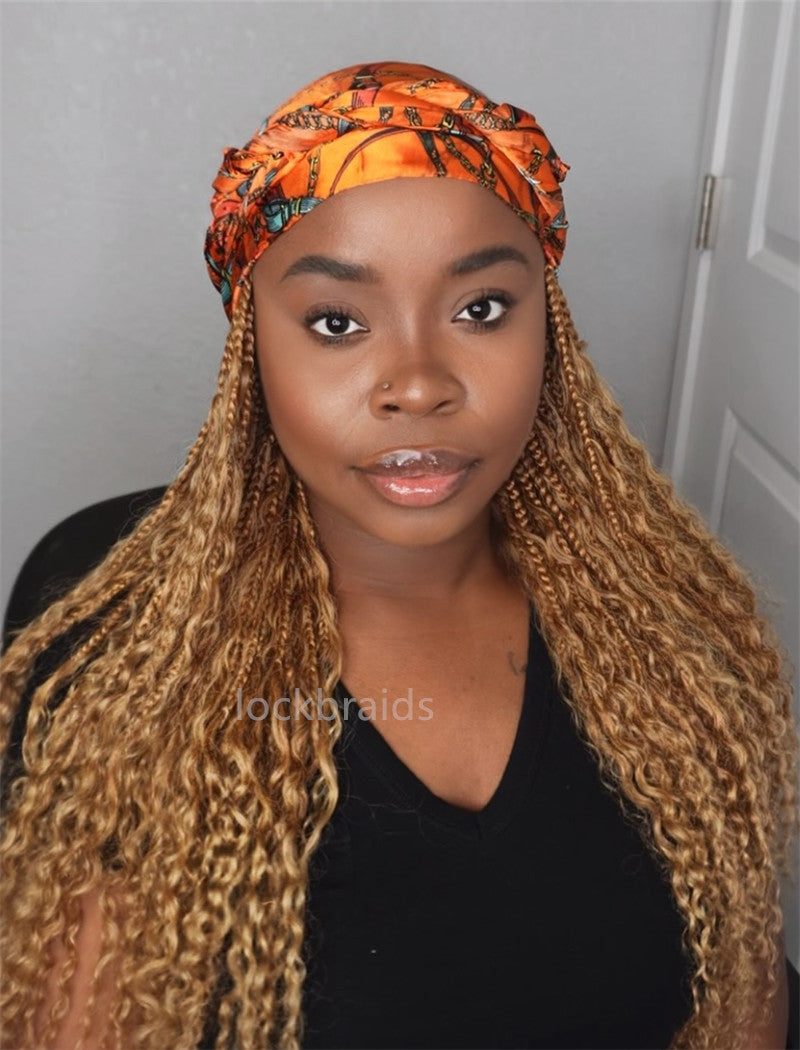 Crochet Boho Box Braids Band Wig Bohemian with Human Hair Curly Ends Braided Hair Extensions Color #27