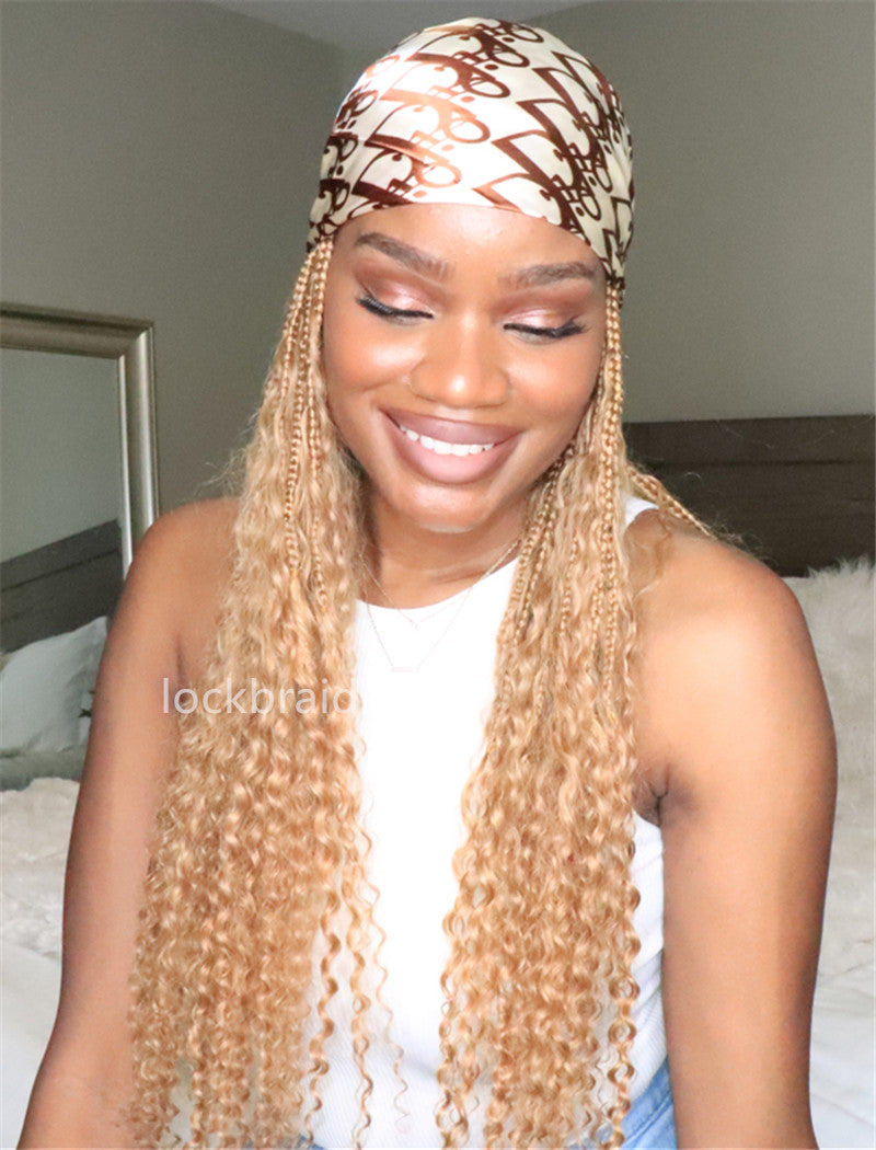 Crochet Boho Box Braids Band Wig Bohemian with Human Hair Curly Ends Braided Hair Extensions Color #27