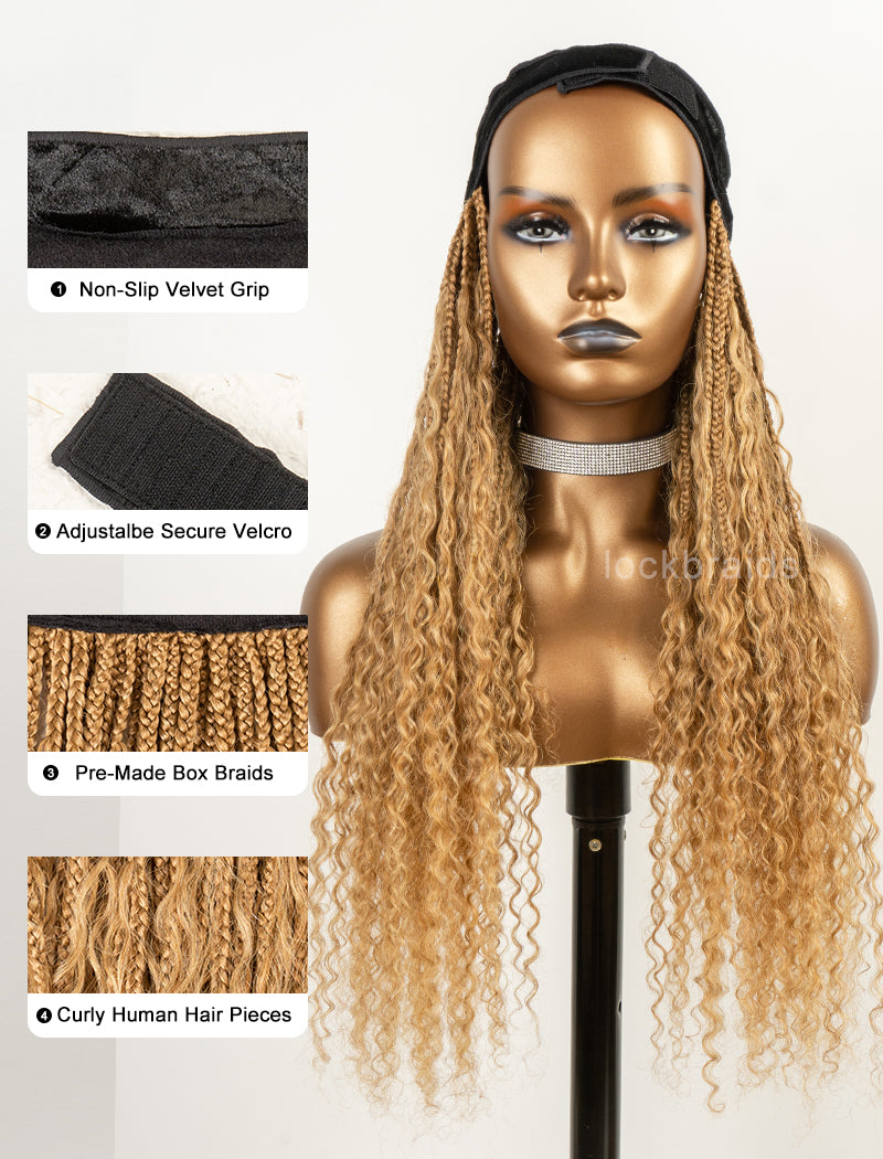 Crochet Boho Box Braids Band Wig Bohemian with Human Hair Curly Ends Braided Hair Extensions Color #27