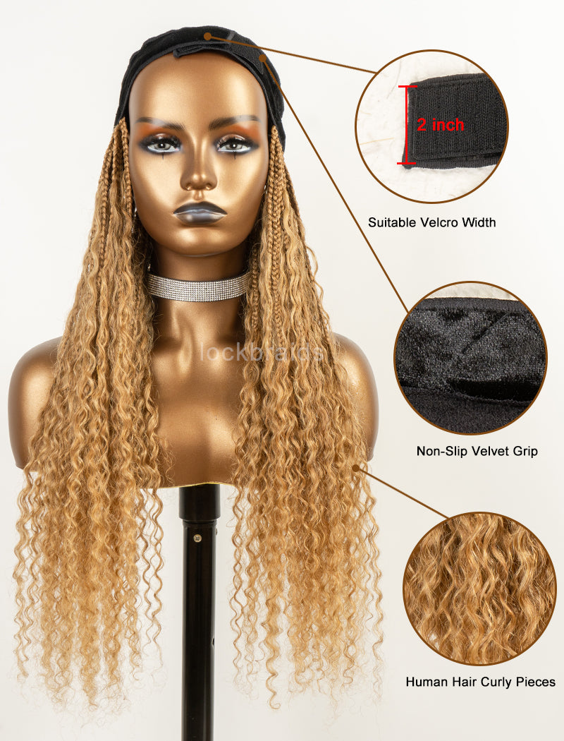 Crochet Boho Box Braids Band Wig Bohemian with Human Hair Curly Ends Braided Hair Extensions Color #27