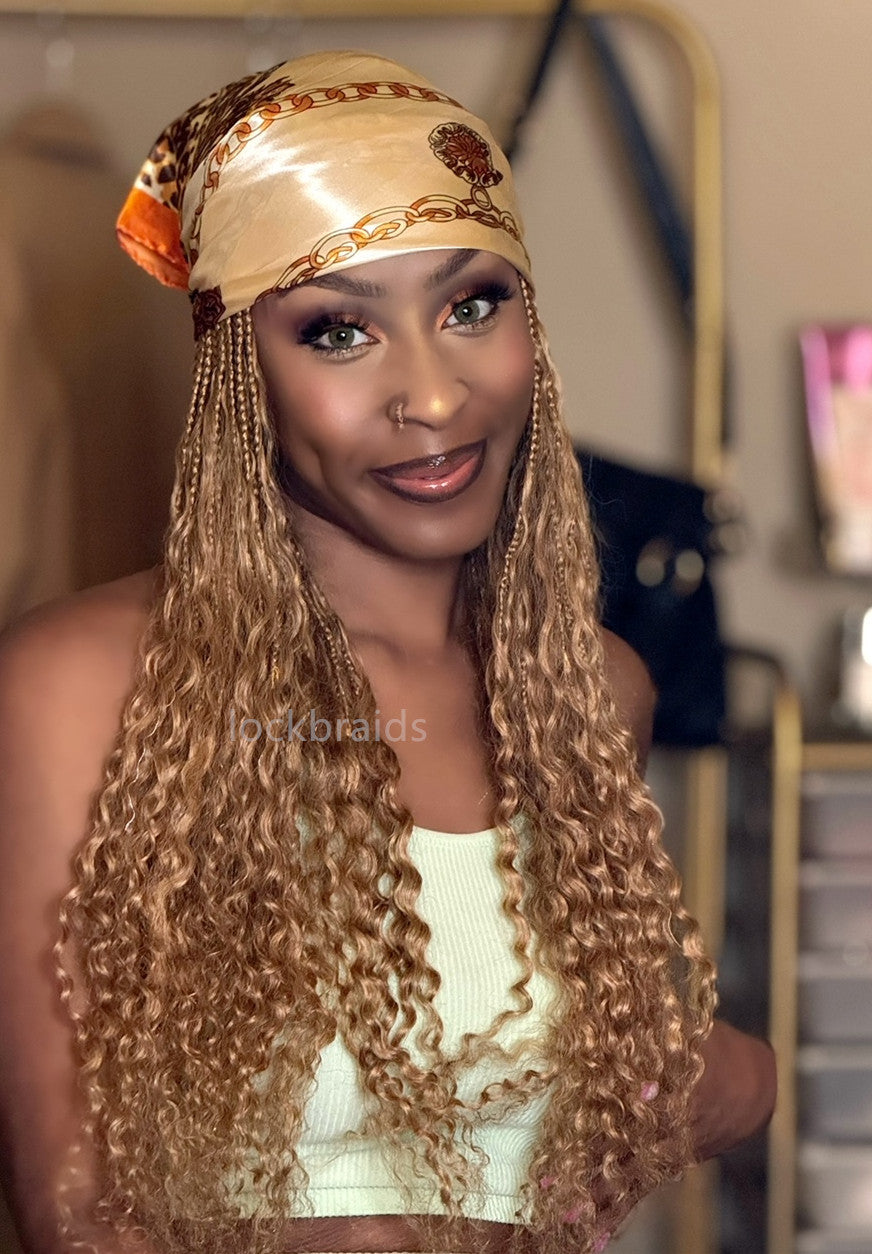 Crochet Boho Box Braids Band Wig Bohemian with Human Hair Curly Ends Braided Hair Extensions Color #27