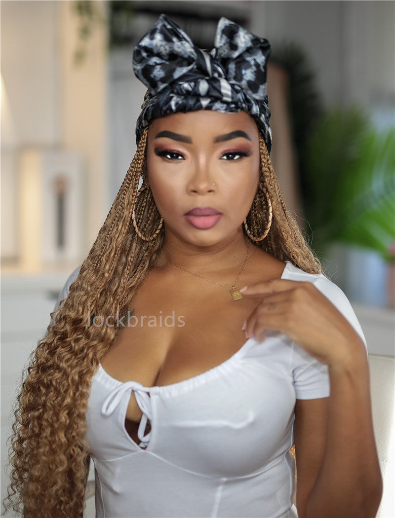 Crochet Boho Box Braids Band Wig Bohemian with Human Hair Curly Ends Braided Hair Extensions Color #27