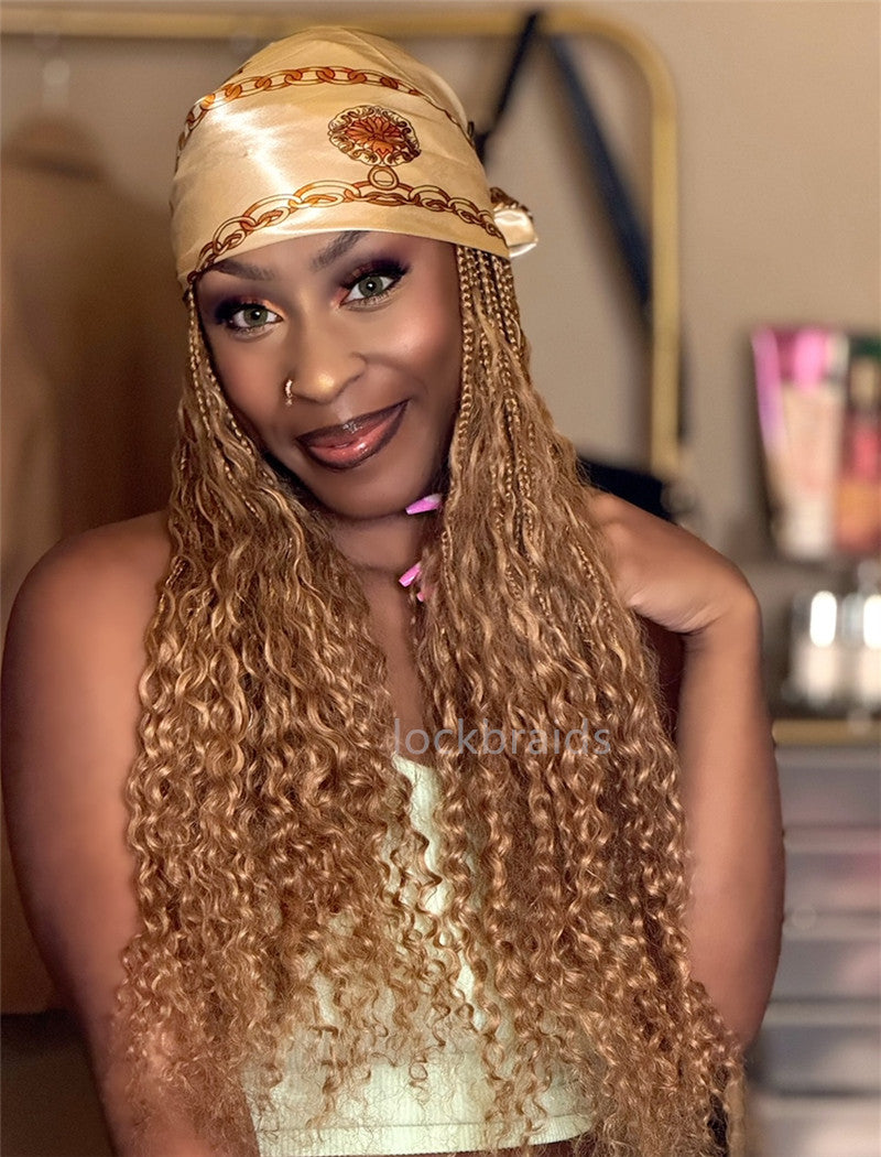 Crochet Boho Box Braids Band Wig Bohemian with Human Hair Curly Ends Braided Hair Extensions Color #27