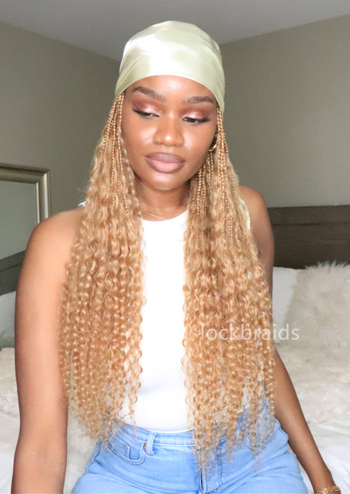 Crochet Boho Box Braids Band Wig Bohemian with Human Hair Curly Ends B