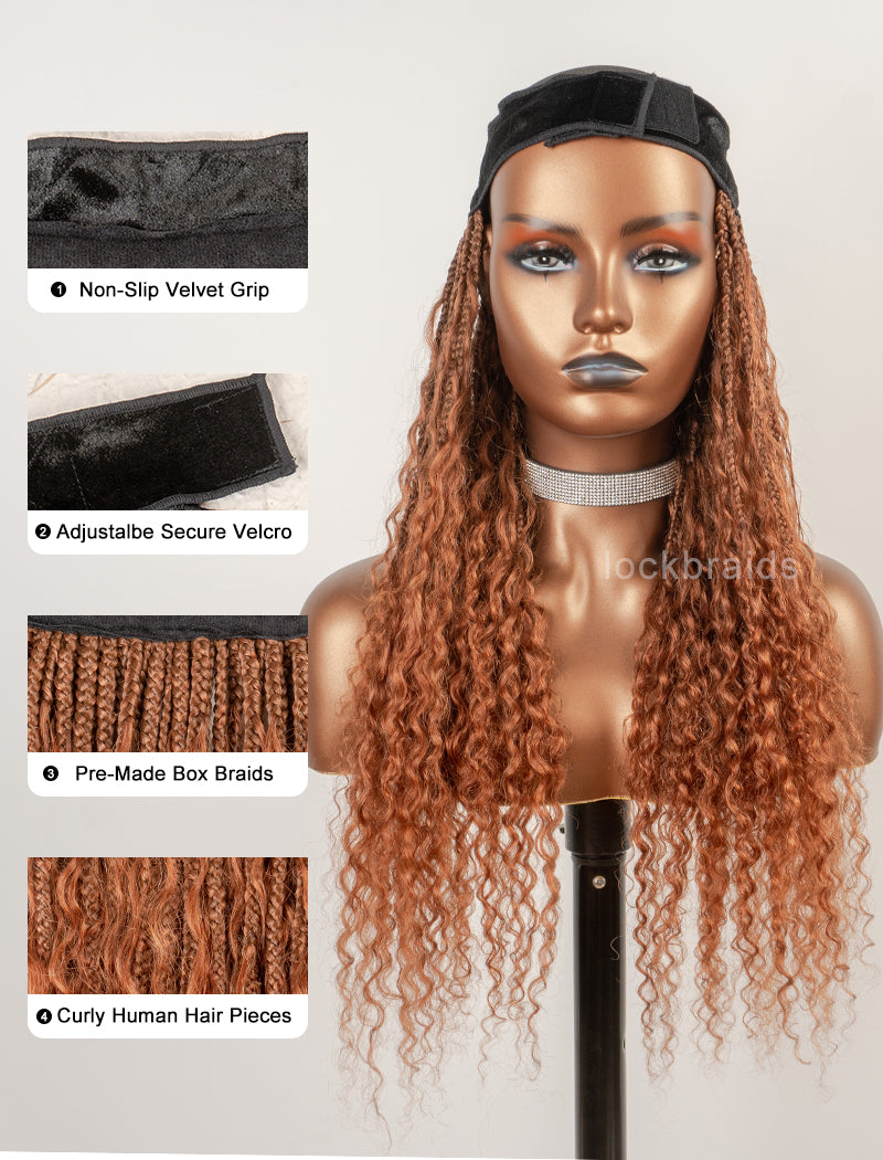 Crochet Boho Box Braids Band Wig Bohemian with Human Hair Curly Ends Braided Hair Extensions Color #30
