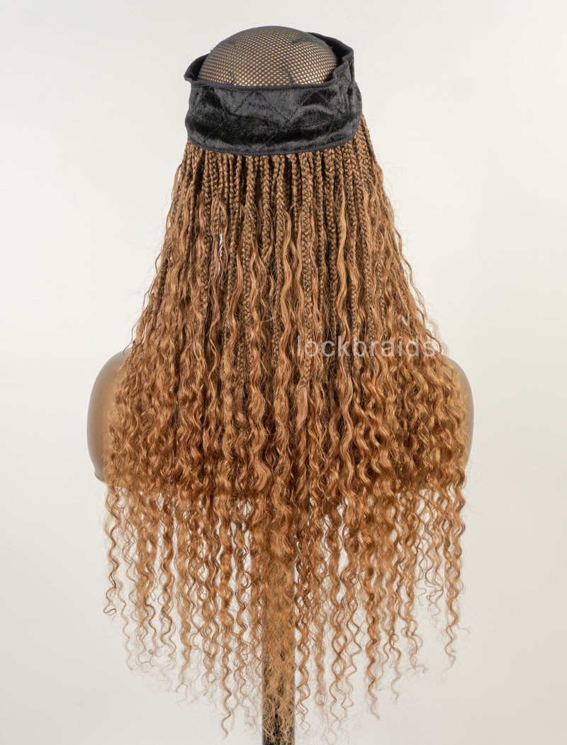 Crochet Boho Box Braids Band Wig Bohemian with Human Hair Curly Ends Braided Hair Extensions Color #30