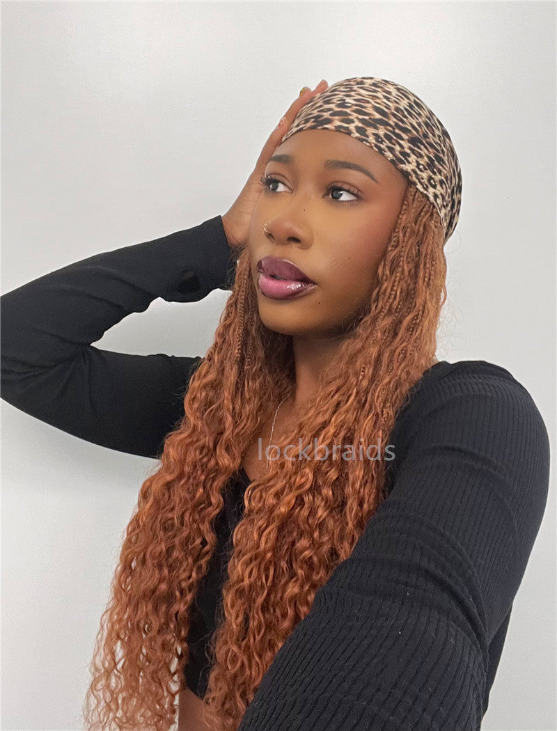 Crochet Boho Box Braids Band Wig Bohemian with Human Hair Curly Ends Braided Hair Extensions Color #30