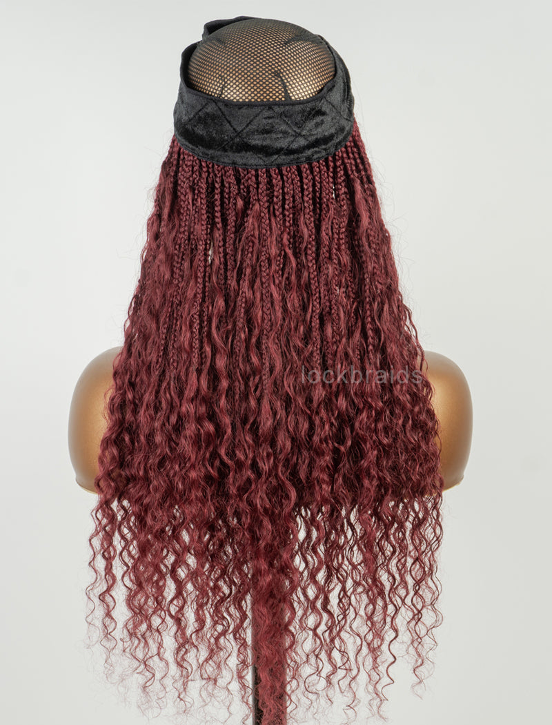 Crochet Boho Box Braids Band Wig Bohemian with Human Hair Curly Ends Braided Hair Extensions Color #99J Burgundy