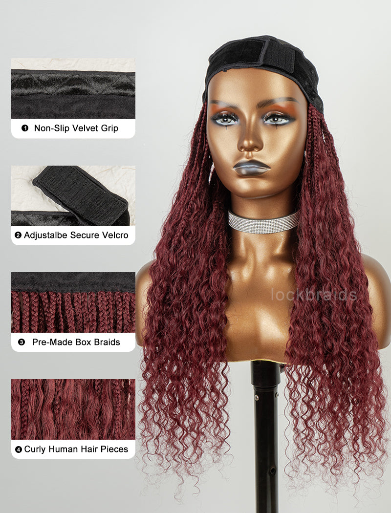 Crochet Boho Box Braids Band Wig Bohemian with Human Hair Curly Ends Braided Hair Extensions Color #99J Burgundy