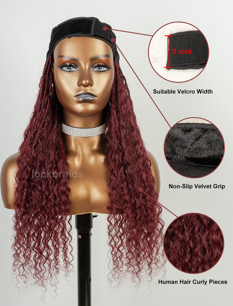 Crochet Boho Box Braids Band Wig Bohemian with Human Hair Curly Ends Braided Hair Extensions Color #99J Burgundy