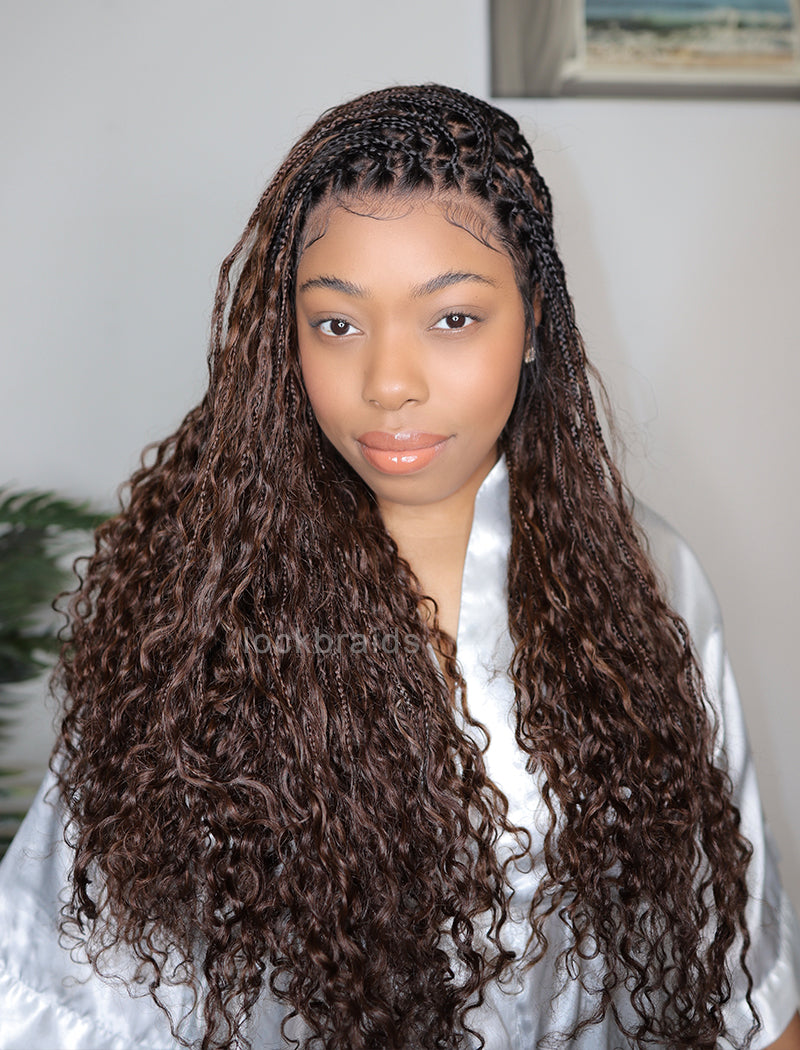Human Hair Full Lace Braided Wig Glueless Small Boho Knotless Braids With Baby Hair Color #1BT#4