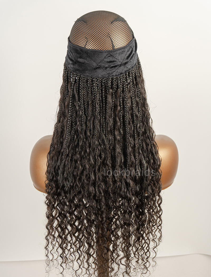 Crochet Boho Box Braids Band Wig Bohemian with Human Hair Curly Ends Braided Hair Extensions Natural Black