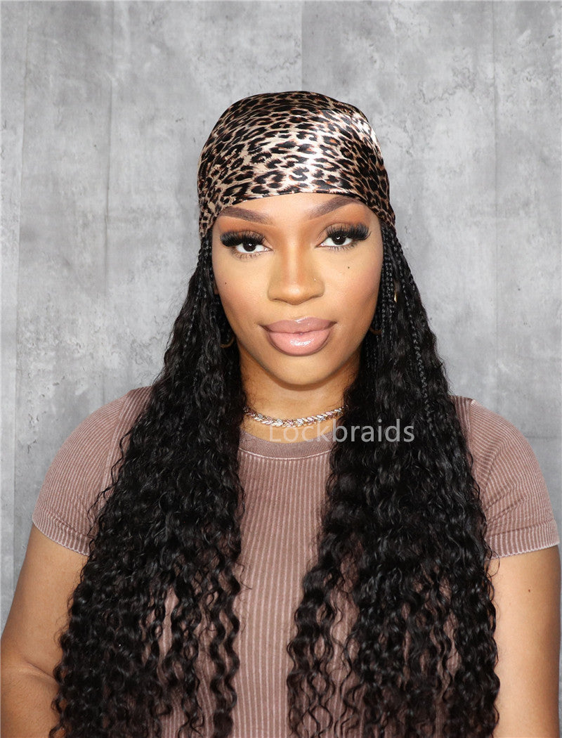 Crochet Boho Box Braids Band Wig Bohemian with Human Hair Curly Ends Braided Hair Extensions Natural Black