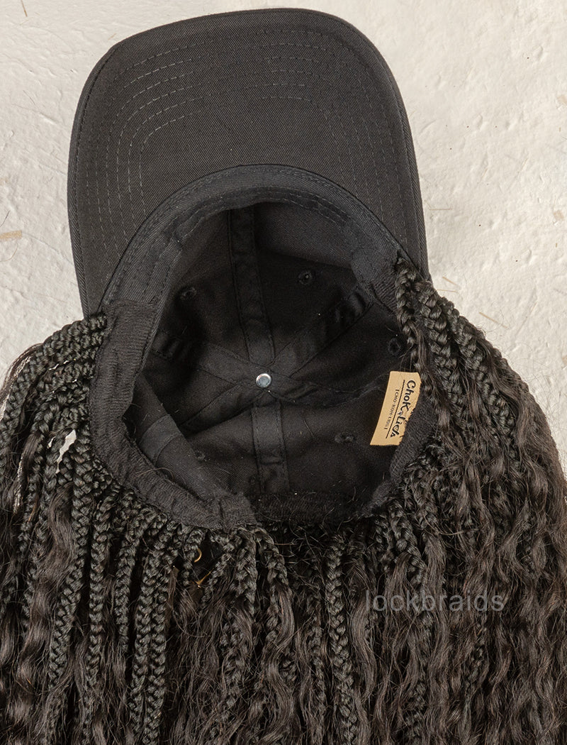 Crochet Boho Box Braids Baseball Cap Hat Wig Bohemian with Human Hair Curly Ends Braided Hair Extensions Natural Black