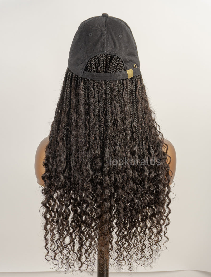 Crochet Boho Box Braids Baseball Cap Hat Wig Bohemian with Human Hair Curly Ends Braided Hair Extensions Natural Black