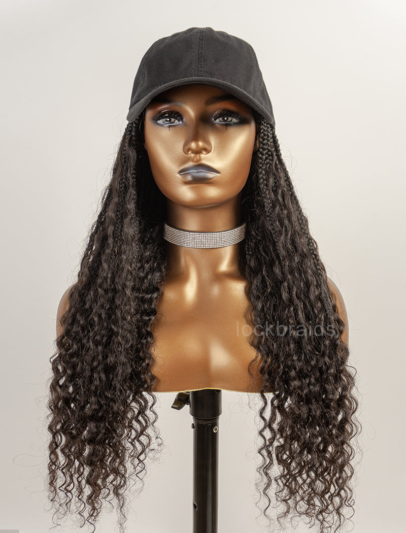 Crochet Boho Box Braids Baseball Cap Hat Wig Bohemian with Human Hair Curly Ends Braided Hair Extensions Natural Black