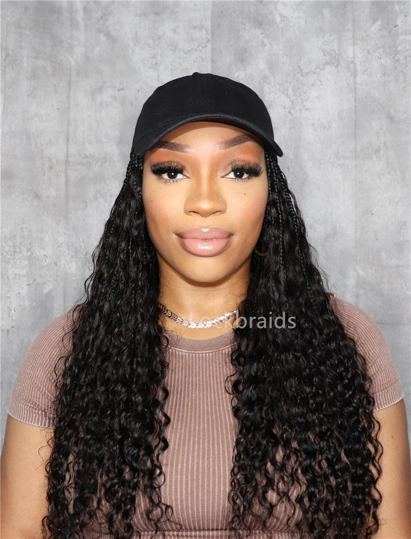 Crochet Boho Box Braids Baseball Cap Hat Wig Bohemian with Human Hair Curly Ends Braided Hair Extensions Natural Black