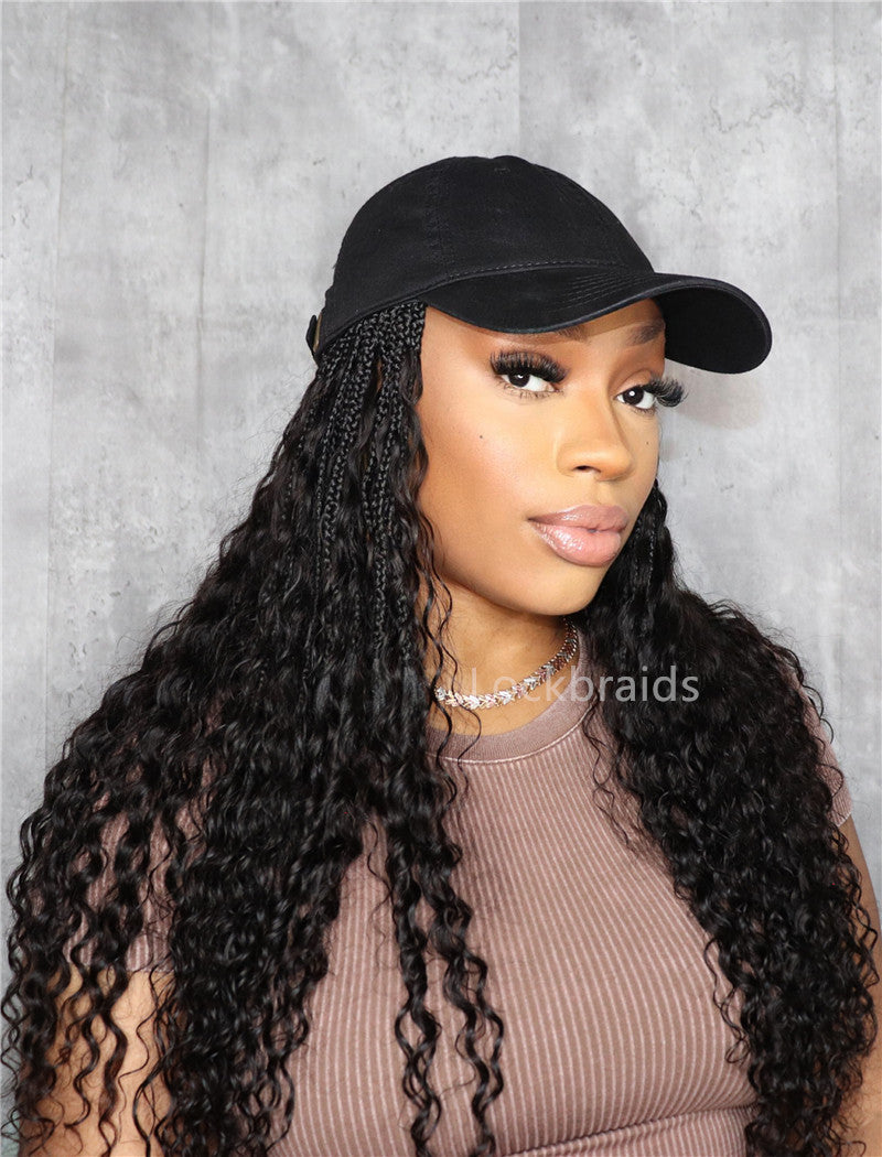 Crochet Boho Box Braids Baseball Cap Hat Wig Bohemian with Human Hair Curly Ends Braided Hair Extensions Natural Black