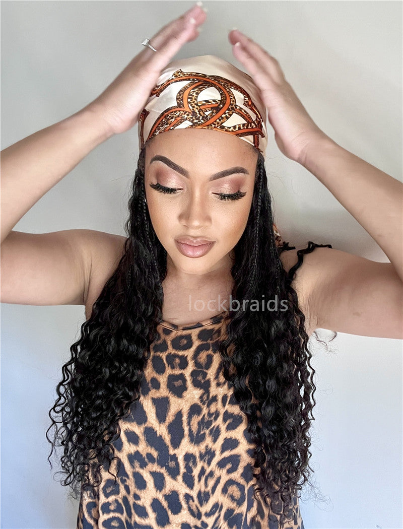 Crochet Boho Box Braids Band Wig Bohemian with Human Hair Curly Ends Braided Hair Extensions Natural Black