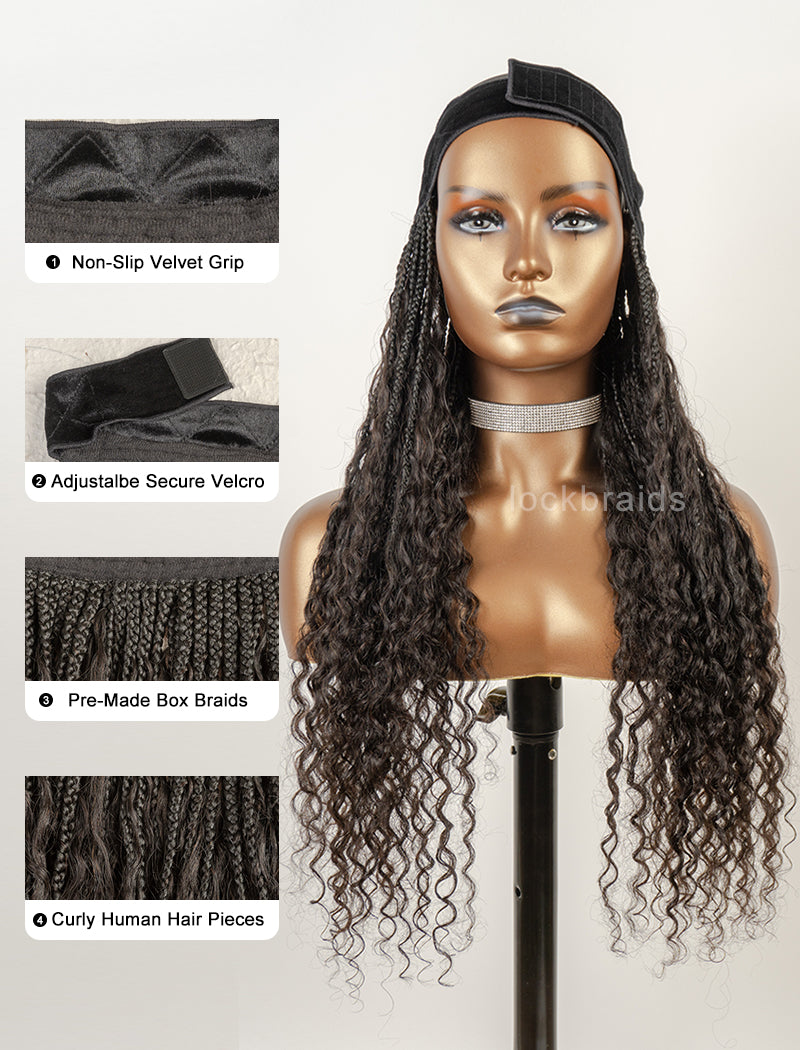 Crochet Boho Box Braids Band Wig Bohemian with Human Hair Curly Ends Braided Hair Extensions Natural Black