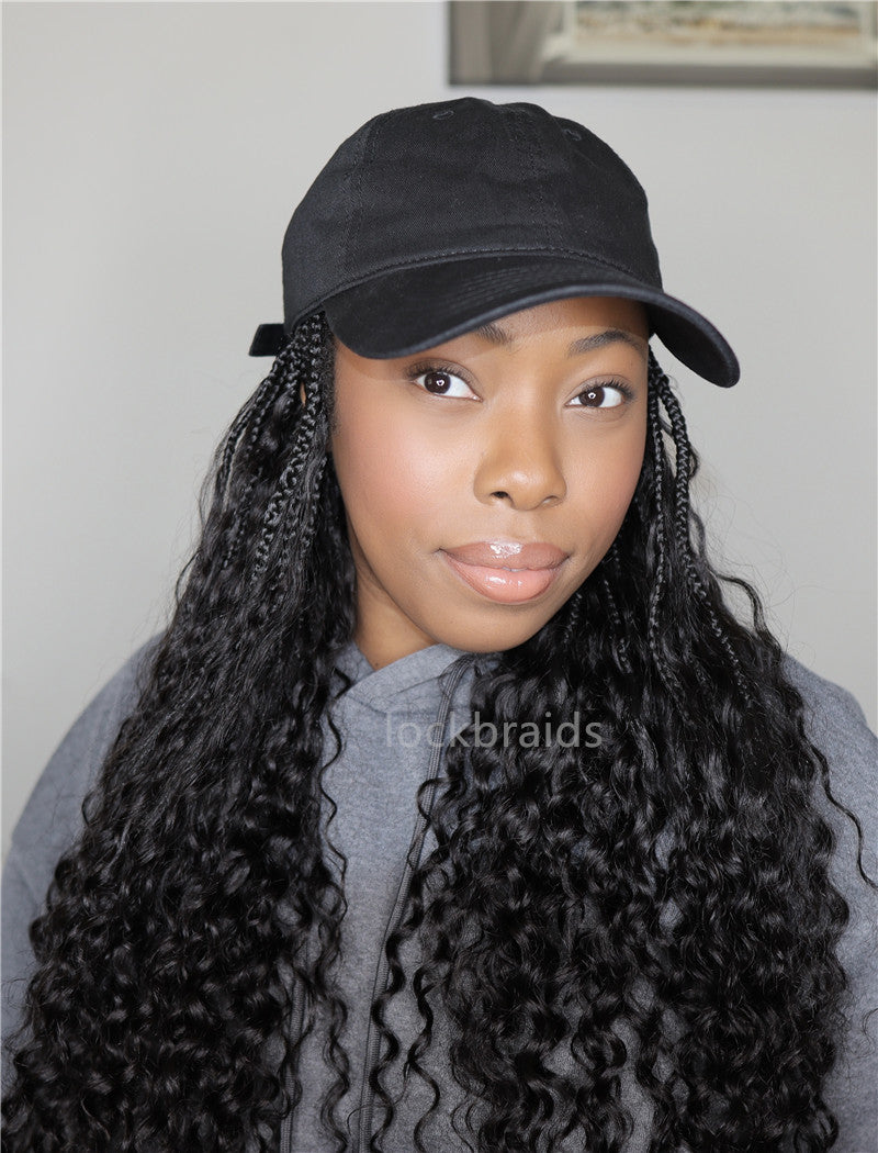 Crochet Boho Box Braids Baseball Cap Hat Wig Bohemian with Human Hair Curly Ends Braided Hair Extensions Natural Black