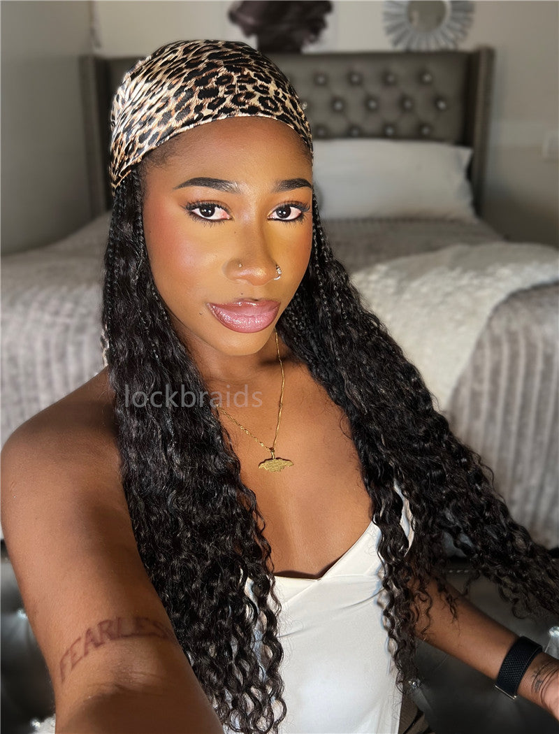 Crochet Boho Box Braids Band Wig Bohemian with Human Hair Curly Ends Braided Hair Extensions Natural Black