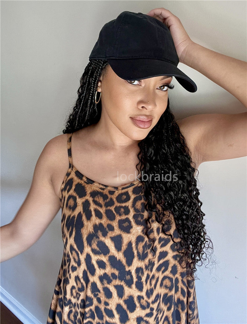 Crochet Boho Box Braids Baseball Cap Hat Wig Bohemian with Human Hair Curly Ends Braided Hair Extensions Natural Black