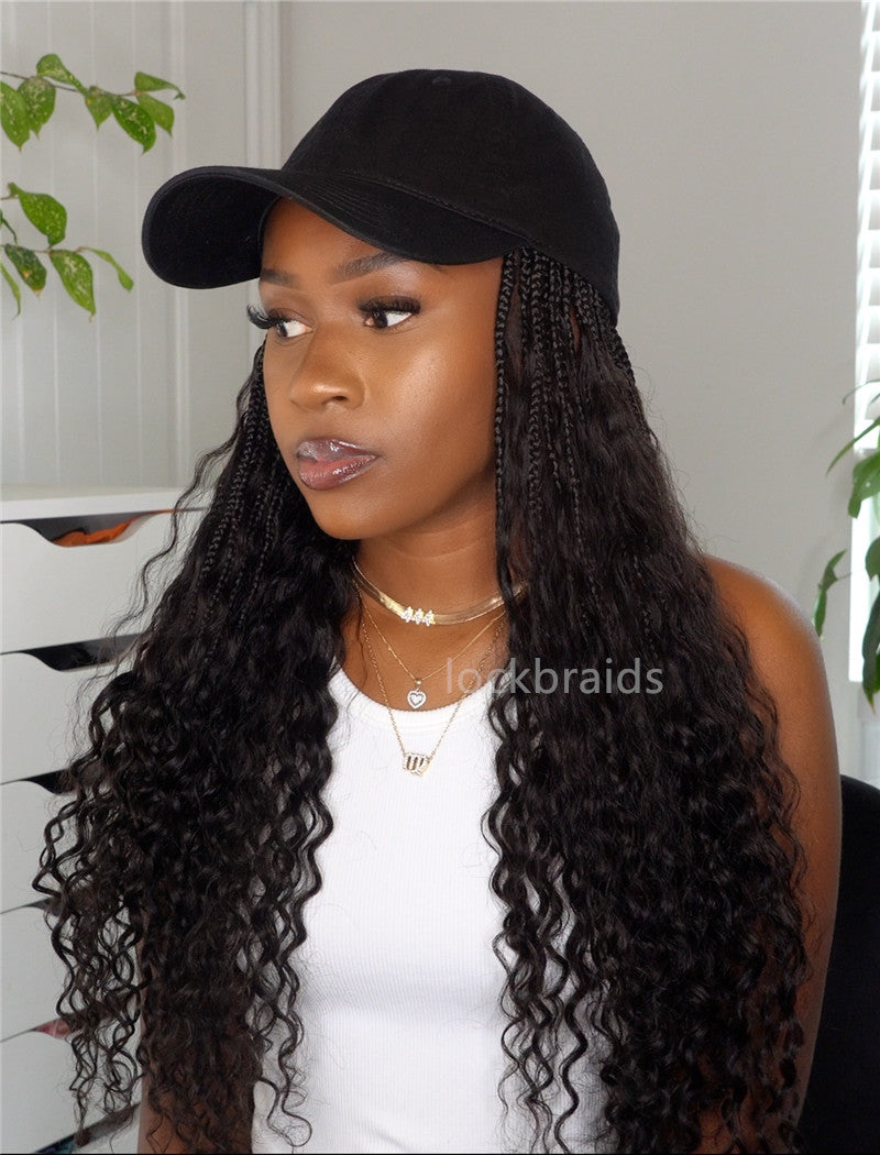 Crochet Boho Box Braids Baseball Cap Hat Wig Bohemian with Human Hair Curly Ends Braided Hair Extensions Natural Black