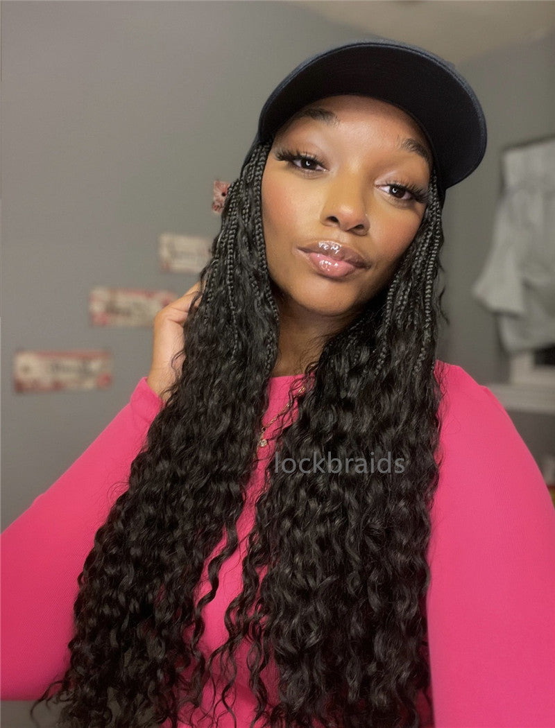 Crochet Boho Box Braids Band Wig Bohemian with Human Hair Curly Ends Braided Hair Extensions Natural Black