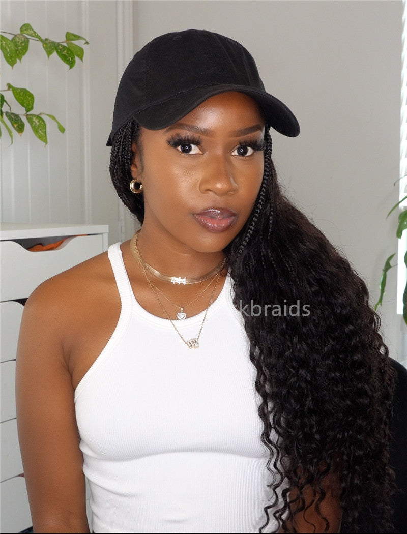 Crochet Boho Box Braids Baseball Cap Hat Wig Bohemian with Human Hair Curly Ends Braided Hair Extensions Natural Black